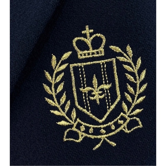 Joan Leslie Womens Sz 12 Navy Blue Gold Crest WOOL Double Breasted Blazer Jacket - Picture 2 of 10